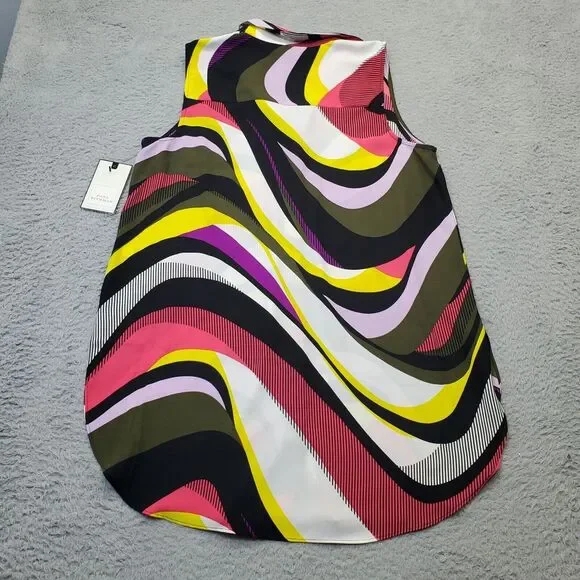 Dana Buchman Blouse Top Womens Large Multi Geometric Slit Collared‎ Button Front - Picture 2 of 9